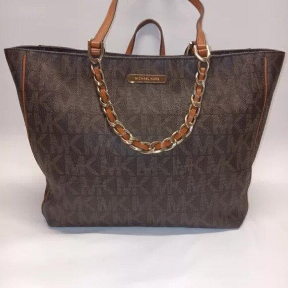 Michael Kors Handbag Brown Signature Harper Large Tote Logo Gold Chain East West - Picture 1 of 15